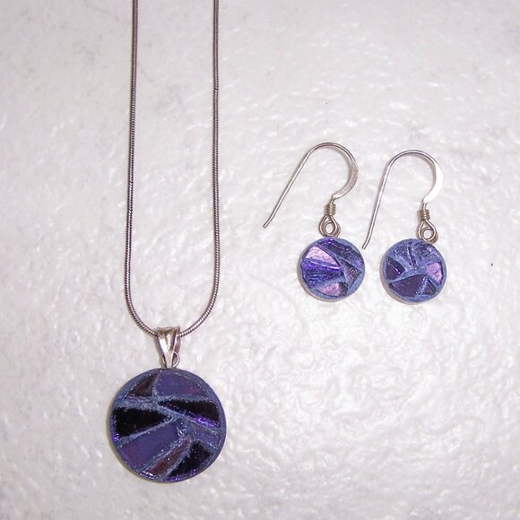 Handmade Purple Mosaic Glass Pendant and Earrings Jewelry Set - Picture 1 of 2